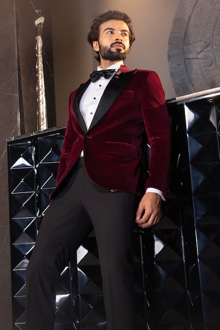 Shop Amit Arora Wine Cotton, Velvet Solid Notched Lapel Collar Single Breasted Blazer Online at Aza Fashions Shop_Amit Arora_Wine Cotton, Velvet Solid Notched Lapel Collar Single Breasted Blazer _Online_at_Aza_Fashions