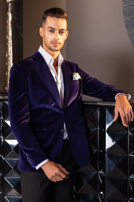 Amit Arora_Blue Cotton, Velvet Notched Lapel Collar Double Breasted Blazer _Online_at_Aza_Fashions