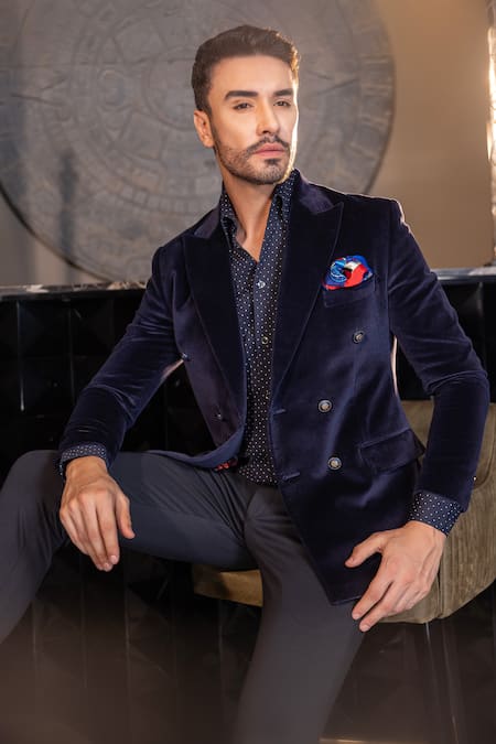 Amit Arora_Blue Cotton, Velvet Solid Double Breasted Blazer _Online_at_Aza_Fashions