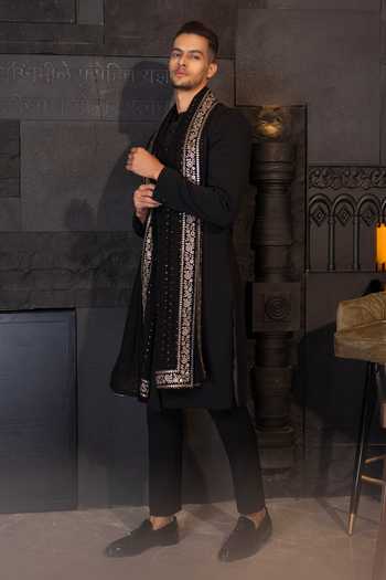 Buy Amit Arora Black Lace Sequins Textured Sherwani Set With Embroidered Stole Online at Aza Fashions Buy_Amit Arora_Black Lace Sequins Textured Sherwani Set With Embroidered Stole _Online_at_Aza_Fashions
