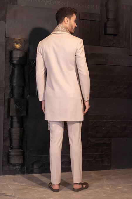 Shop Amit Arora Beige Kota Doria, Cotton Sequins Solid Sherwani Set With Embroidered Stole at Aza Fashions Shop_Amit Arora_Beige Kota Doria, Cotton Sequins Solid Sherwani Set With Embroidered Stole_at_Aza_Fashions