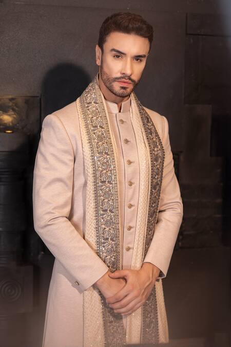 Amit Arora Beige Kota Doria, Cotton Sequins Solid Sherwani Set With Embroidered Stole Online at Aza Fashions Amit Arora_Beige Kota Doria, Cotton Sequins Solid Sherwani Set With Embroidered Stole_Online_at_Aza_Fashions