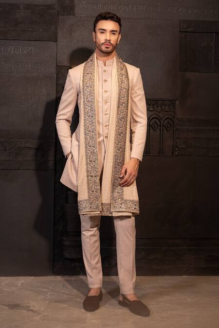 Buy Amit Arora Beige Kota Doria, Cotton Sequins Solid Sherwani Set With Embroidered Stole Online at Aza Fashions Buy_Amit Arora_Beige Kota Doria, Cotton Sequins Solid Sherwani Set With Embroidered Stole_Online_at_Aza_Fashions