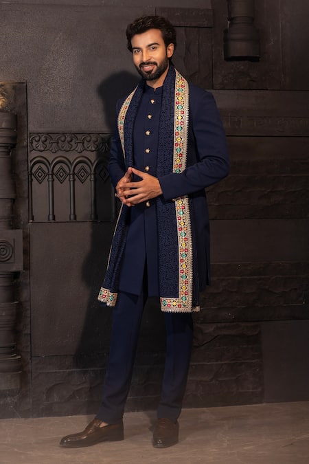 AMIT ARORA Knitted Sherwani Set With Sequin Embroidered Stole 