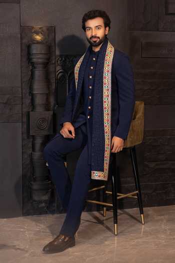 Amit Arora_Blue Linen Sequins, Embroidery Knitted Sherwani Set With Stole _Online_at_Aza_Fashions