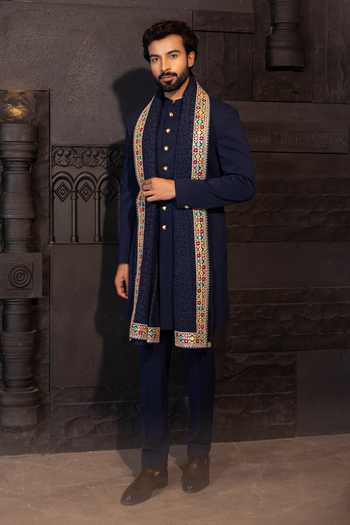 Buy_Amit Arora_Blue Linen Sequins, Embroidery Knitted Sherwani Set With Stole _Online_at_Aza_Fashions