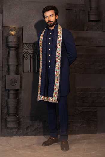 Shop_Amit Arora_Blue Linen Sequins, Embroidery Knitted Sherwani Set With Stole _Online_at_Aza_Fashions