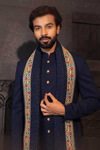 Amit Arora_Blue Linen Sequins, Embroidery Knitted Sherwani Set With Stole _at_Aza_Fashions