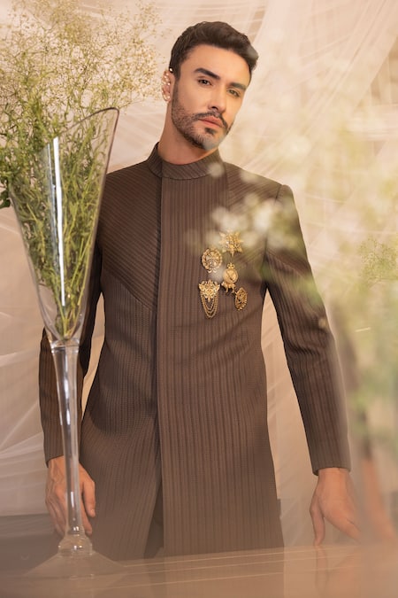 Amit Arora_Green Polyester Brooches Herringbone Detailed Jacket With Pant _Online_at_Aza_Fashions
