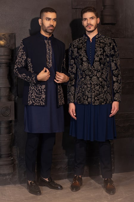 Shop Amit Arora Blue Polyester, Lycra Embroidery Salli Jacket With Kurta Set at Aza Fashions Shop_Amit Arora_Blue Polyester, Lycra Embroidery Salli Jacket With Kurta Set _at_Aza_Fashions