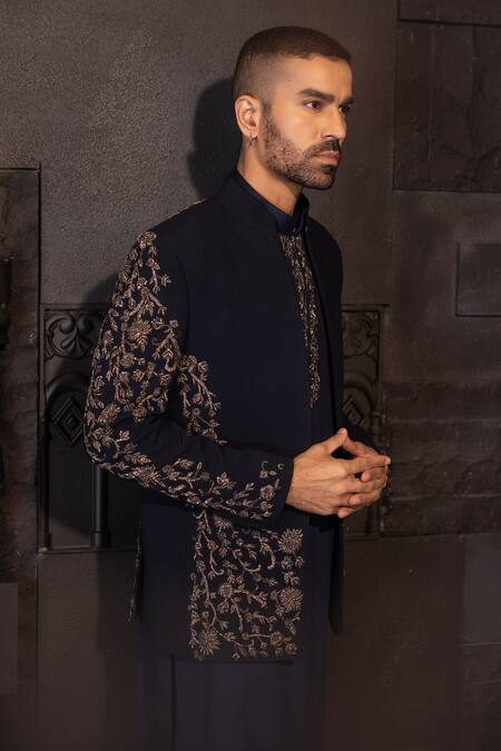 Amit Arora Blue Polyester, Lycra Embroidery Salli Jacket With Kurta Set Online at Aza Fashions Amit Arora_Blue Polyester, Lycra Embroidery Salli Jacket With Kurta Set _Online_at_Aza_Fashions