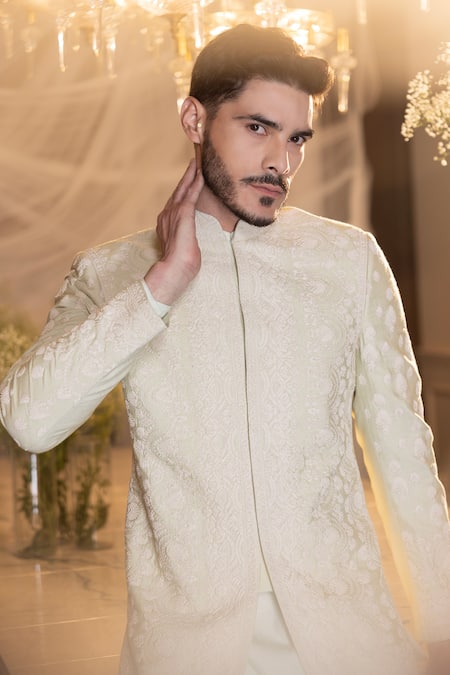 Shop Amit Arora Green Mohair, Silk, Polyester Embroidery, Floral Hand Jacket With Kurta Set at Aza Fashions Shop_Amit Arora_Green Mohair, Silk, Polyester Embroidery, Floral Hand Jacket With Kurta Set _at_Aza_Fashions