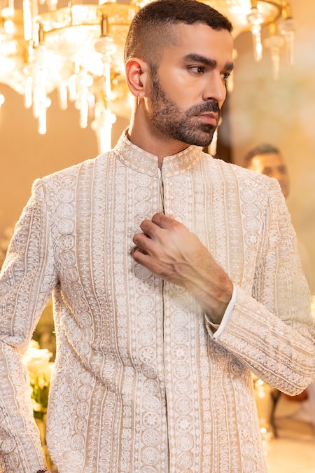 Shop Amit Arora Beige Linen, Silk, Cotton, Lycra Beads, Thread Hand Jacket With Kurta Set at Aza Fashions Shop_Amit Arora_Beige Linen, Silk, Cotton, Lycra Beads, Thread Hand Jacket With Kurta Set _at_Aza_Fashions