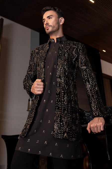 Shop Amit Arora Black Silk, Velvet, Polyester Beads, Hand Embroidered Jacket With Kurta Set at Aza Fashions Shop_Amit Arora_Black Silk, Velvet, Polyester Beads, Hand Embroidered Jacket With Kurta Set _at_Aza_Fashions