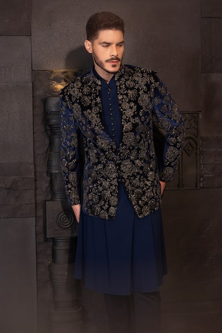 Shop Amit Arora Blue Silk, Velvet, Cotton, Modal, Floret Hand Embroidered Jacket With Kurta Set at Aza Fashions Shop_Amit Arora_Blue Silk, Velvet, Cotton, Modal, Floret Hand Embroidered Jacket With Kurta Set _at_Aza_Fashions