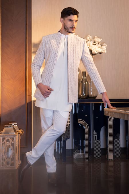 Amit Arora_Purple Brocade, Silk Embroidery Hand Jacket With Pintuck Kurta Set _Online_at_Aza_Fashions