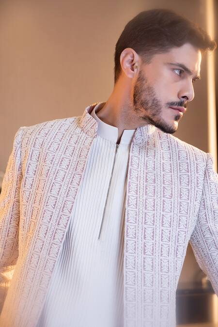 Shop_Amit Arora_Purple Brocade, Silk Embroidery Hand Jacket With Pintuck Kurta Set _Online_at_Aza_Fashions