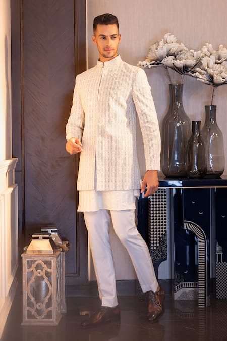 AMIT ARORA Grey Jacket Baanarasi Silk Hand Embroidered Thread Sherwani With Kurta Set 