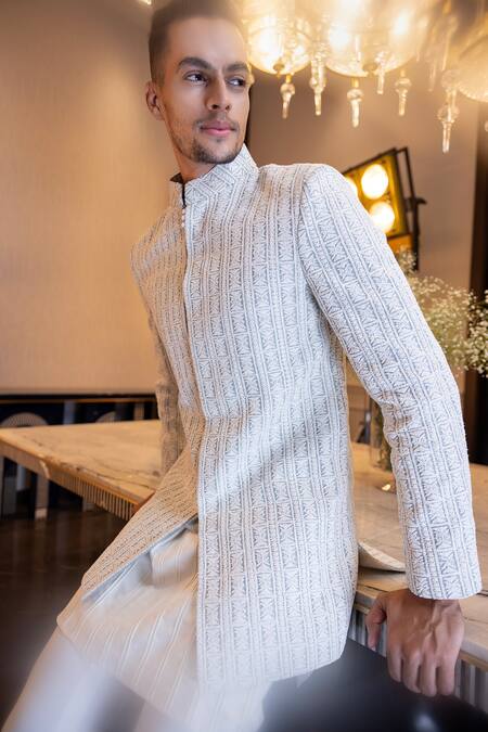Shop Amit Arora Grey Silk, Kota Doria Embroidery Thread Hand Sherwani With Kurta Set at Aza Fashions Shop_Amit Arora_Grey Silk, Kota Doria Embroidery Thread Hand Sherwani With Kurta Set _at_Aza_Fashions