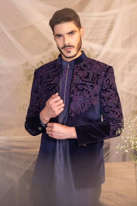 Amit Arora_Blue Cotton, Velvet, Silk, Polyester, Wool Floral Thread Jacket With Kurta Set _Online_at_Aza_Fashions