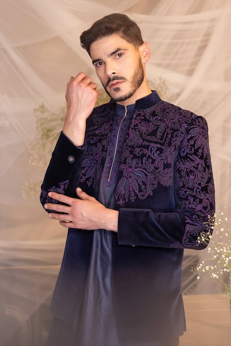 Buy_Amit Arora_Blue Cotton, Velvet, Silk, Polyester, Wool Floral Thread Jacket With Kurta Set _Online_at_Aza_Fashions