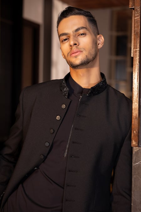 Shop Amit Arora Black Polyester, Cotton, Modal Placement Embroidered Jacket With Kurta Set at Aza Fashions Shop_Amit Arora_Black Polyester, Cotton, Modal Placement Embroidered Jacket With Kurta Set _at_Aza_Fashions