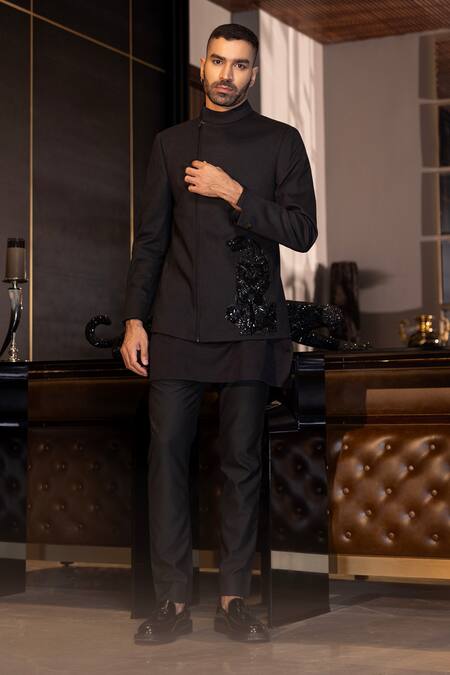 Buy_Amit Arora_Black Cotton, Modal, Polyester Cheetah Pattern Embroidered Jacket With Kurta Set _Online_at_Aza_Fashions