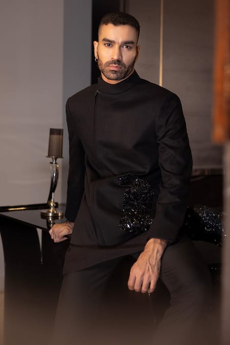Amit Arora_Black Cotton, Modal, Polyester Cheetah Pattern Embroidered Jacket With Kurta Set _at_Aza_Fashions