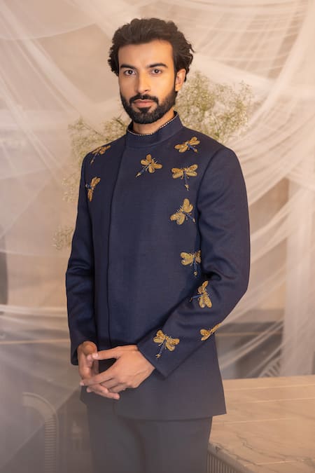 Shop Amit Arora Blue Embroidery Dragonfly Hand Jacket With Pant at Aza Fashions Shop_Amit Arora_Blue Embroidery Dragonfly Hand Jacket With Pant _at_Aza_Fashions
