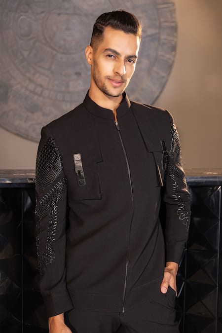 Shop_Amit Arora_Black Poly Knit Embellished Metallic Stud Bandhgala _at_Aza_Fashions