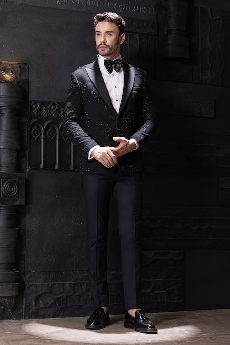 Shop_Amit Arora_Black Blazer Knit Lycra Embroidery Cutdana Chevron Set _at_Aza_Fashions