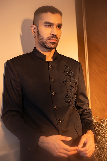 Shop_Amit Arora_Black Polyester Beads Herringbone Woven Bandhgala Set _at_Aza_Fashions