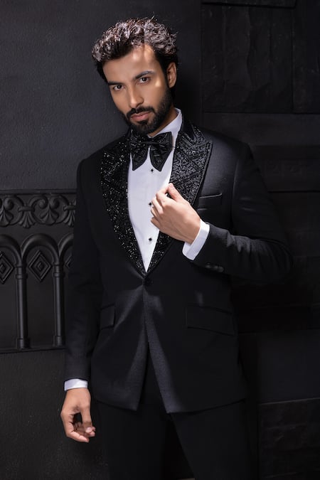 Shop_Amit Arora_Black Polyester Cutdana Placket Embroidered Suit Set _at_Aza_Fashions