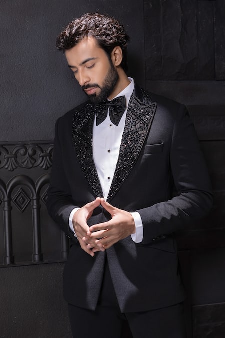 Amit Arora_Black Polyester Cutdana Placket Embroidered Suit Set _Online_at_Aza_Fashions