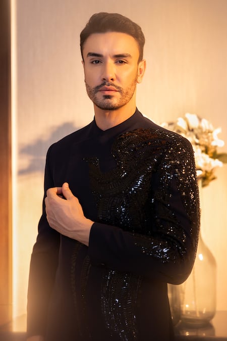 Shop Amit Arora Blue Polyester Sequins, Beads Bird Placement Embroidered Bandhgala Set at Aza Fashions Shop_Amit Arora_Blue Polyester Sequins, Beads Bird Placement Embroidered Bandhgala Set _at_Aza_Fashions