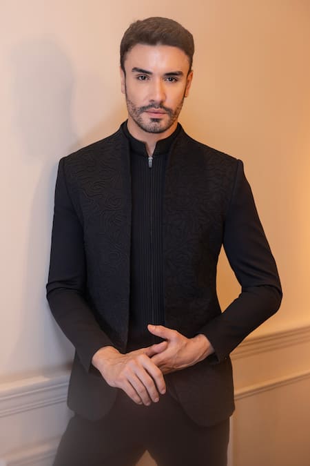 Shop Amit Arora Black Polyester Embroidery Wave Bandhgala And Waistcoat Set at Aza Fashions Shop_Amit Arora_Black Polyester Embroidery Wave Bandhgala And Waistcoat Set _at_Aza_Fashions