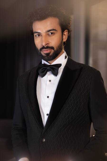 Shop_Amit Arora_Black Poly Knit Embroidery Thread Swirl Suit Set _at_Aza_Fashions