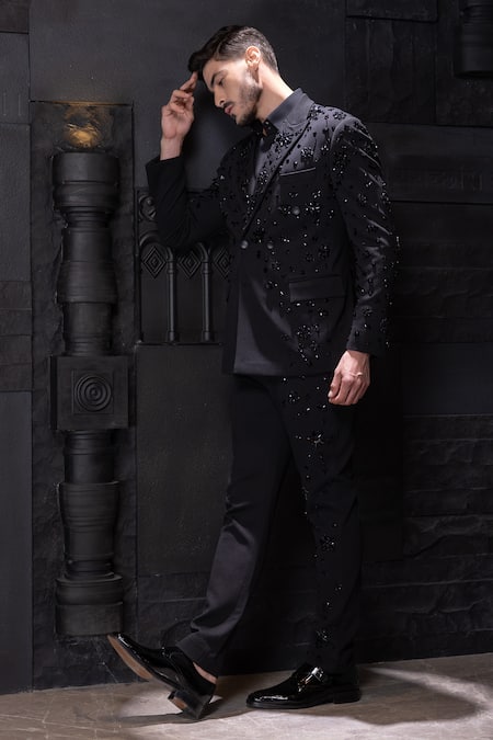 Shop_Amit Arora_Black Textured Knit Embroidery Stone Suit Set _at_Aza_Fashions