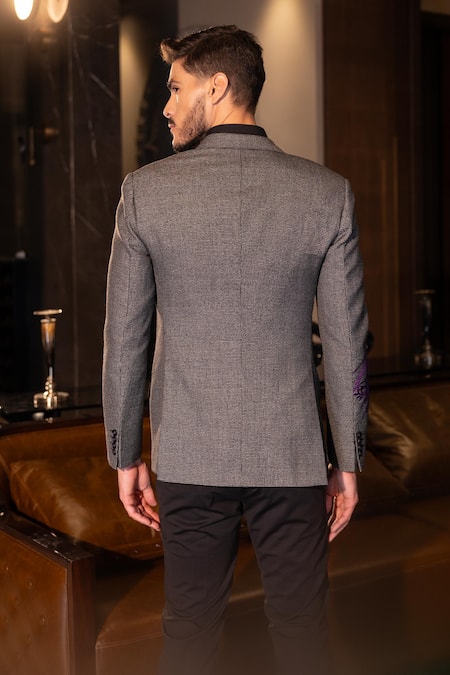 Shop_Amit Arora_Grey Textured Knit Embroidery Resham Blazer _at_Aza_Fashions