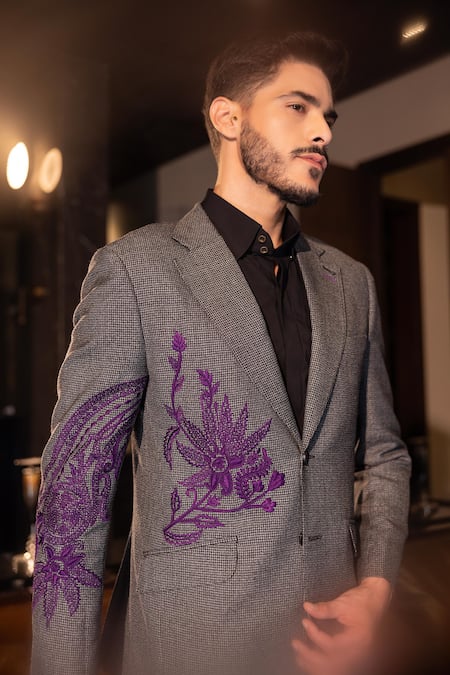 Amit Arora_Grey Textured Knit Embroidery Resham Blazer _Online_at_Aza_Fashions