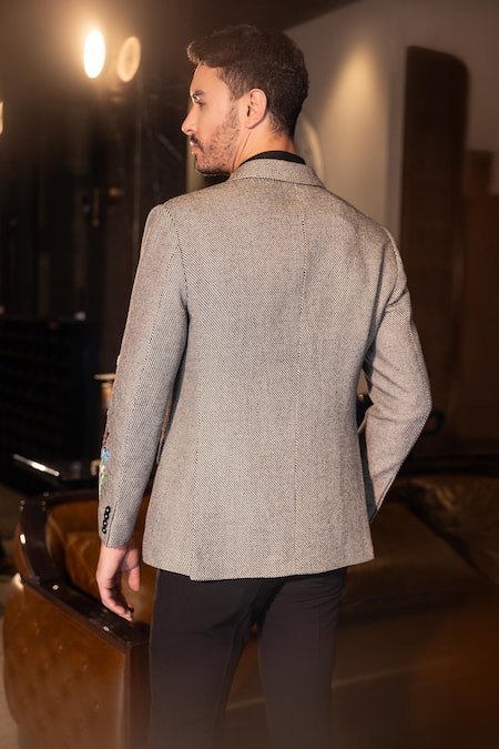 Shop_Amit Arora_Black Kota Doria Embroidery Floral Sleeve Blazer _at_Aza_Fashions