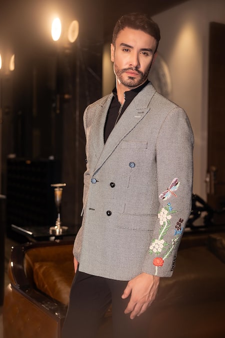 Amit Arora_Black Kota Doria Embroidery Floral Sleeve Blazer _Online_at_Aza_Fashions