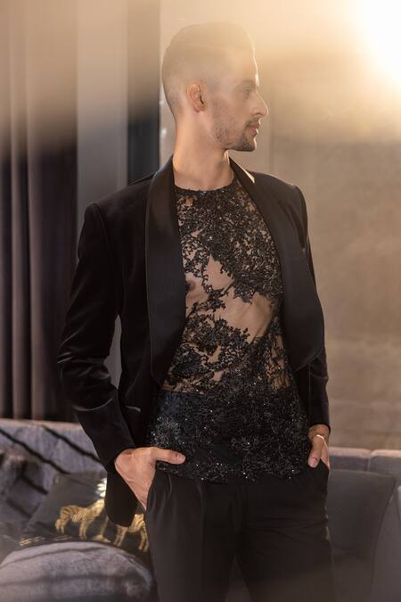 Amit Arora_Black Suit Cotton Velvet Embroidery Floral Set _Online_at_Aza_Fashions