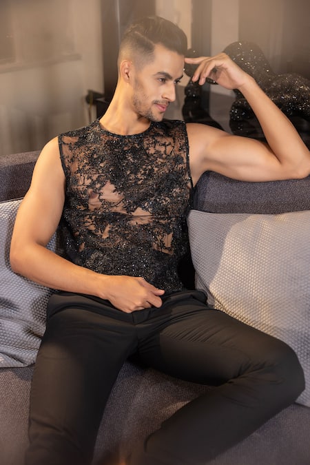 Shop_Amit Arora_Black Suit Cotton Velvet Embroidery Floral Set _Online_at_Aza_Fashions