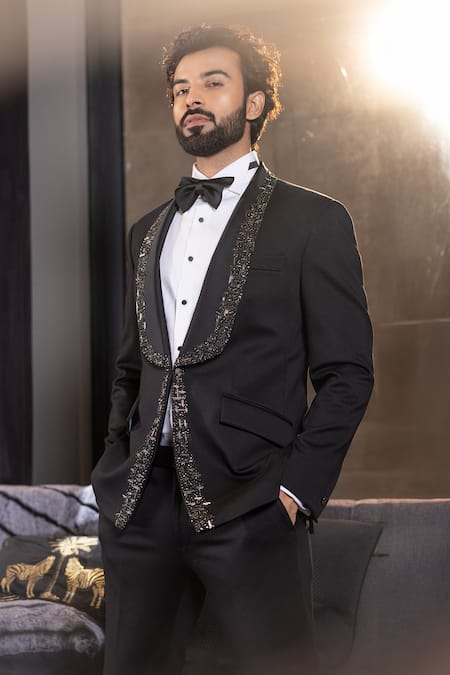 AMIT ARORA Black Knit Lycra Embroidery Cutdana Placket Suit Set 