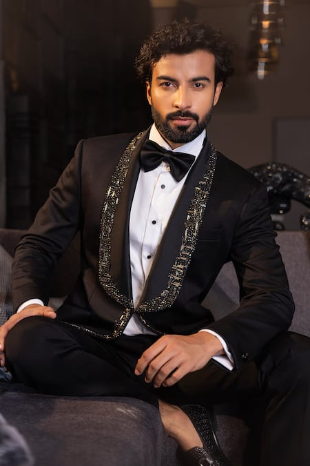 Shop_Amit Arora_Black Lycra Cutdana Placket Embroidered Suit Set _at_Aza_Fashions
