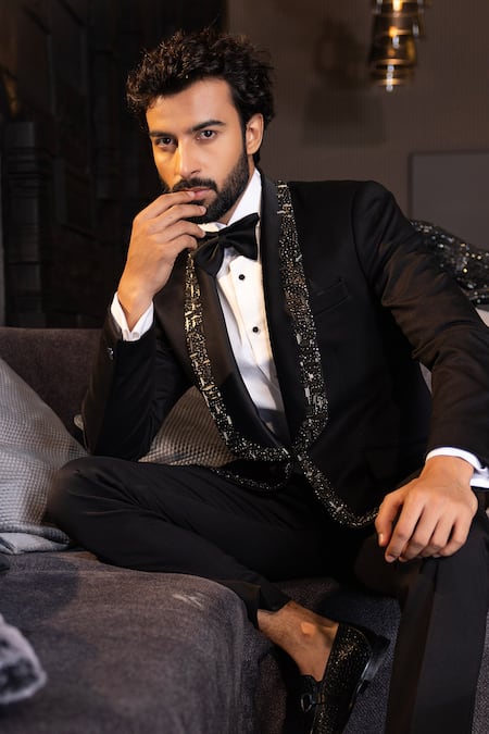 Amit Arora_Black Lycra Cutdana Placket Embroidered Suit Set _Online_at_Aza_Fashions