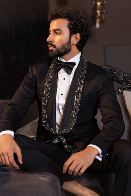 Buy_Amit Arora_Black Lycra Cutdana Placket Embroidered Suit Set _Online_at_Aza_Fashions