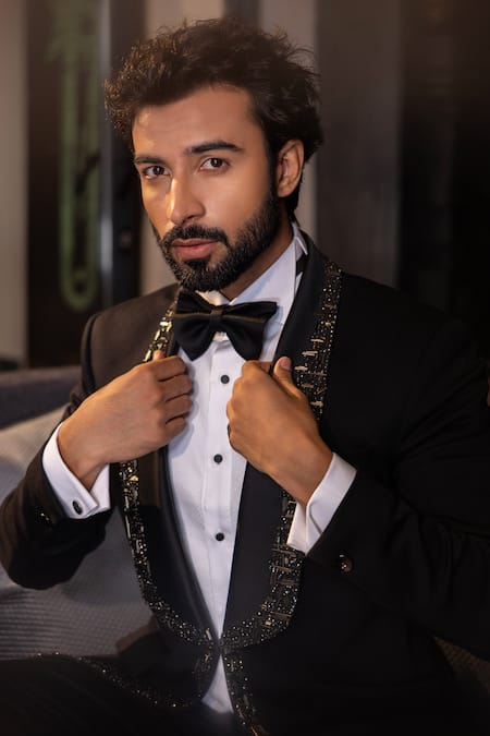 Shop_Amit Arora_Black Lycra Cutdana Placket Embroidered Suit Set _Online_at_Aza_Fashions