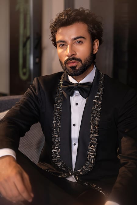 Buy_Amit Arora_Black Lycra Cutdana Placket Embroidered Suit Set 